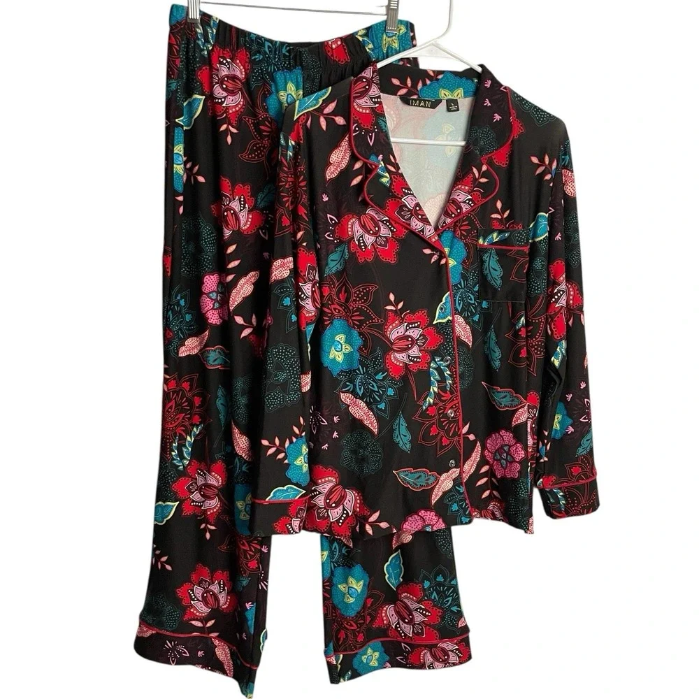 IMAN Vibrant Floral Pajama Set - Black, Red, Teal - Picture 2 of 4